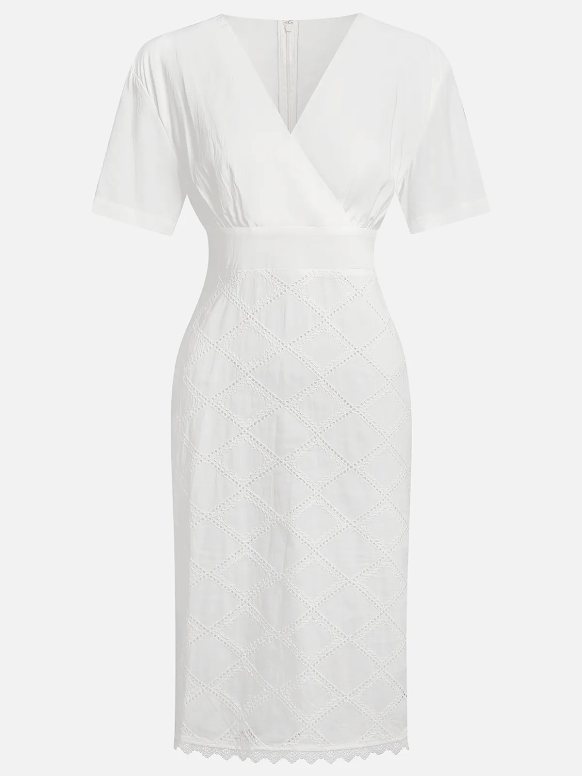 White Hollow Out Plaid Classic V Neck Short Sleeve Sheath Midi Dress