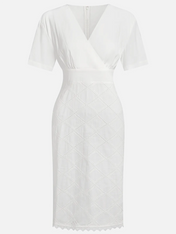 White Hollow Out Plaid Classic V Neck Short Sleeve Sheath Midi Dress