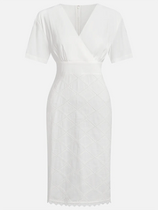 White Hollow Out Plaid Classic V Neck Short Sleeve Sheath Midi Dress