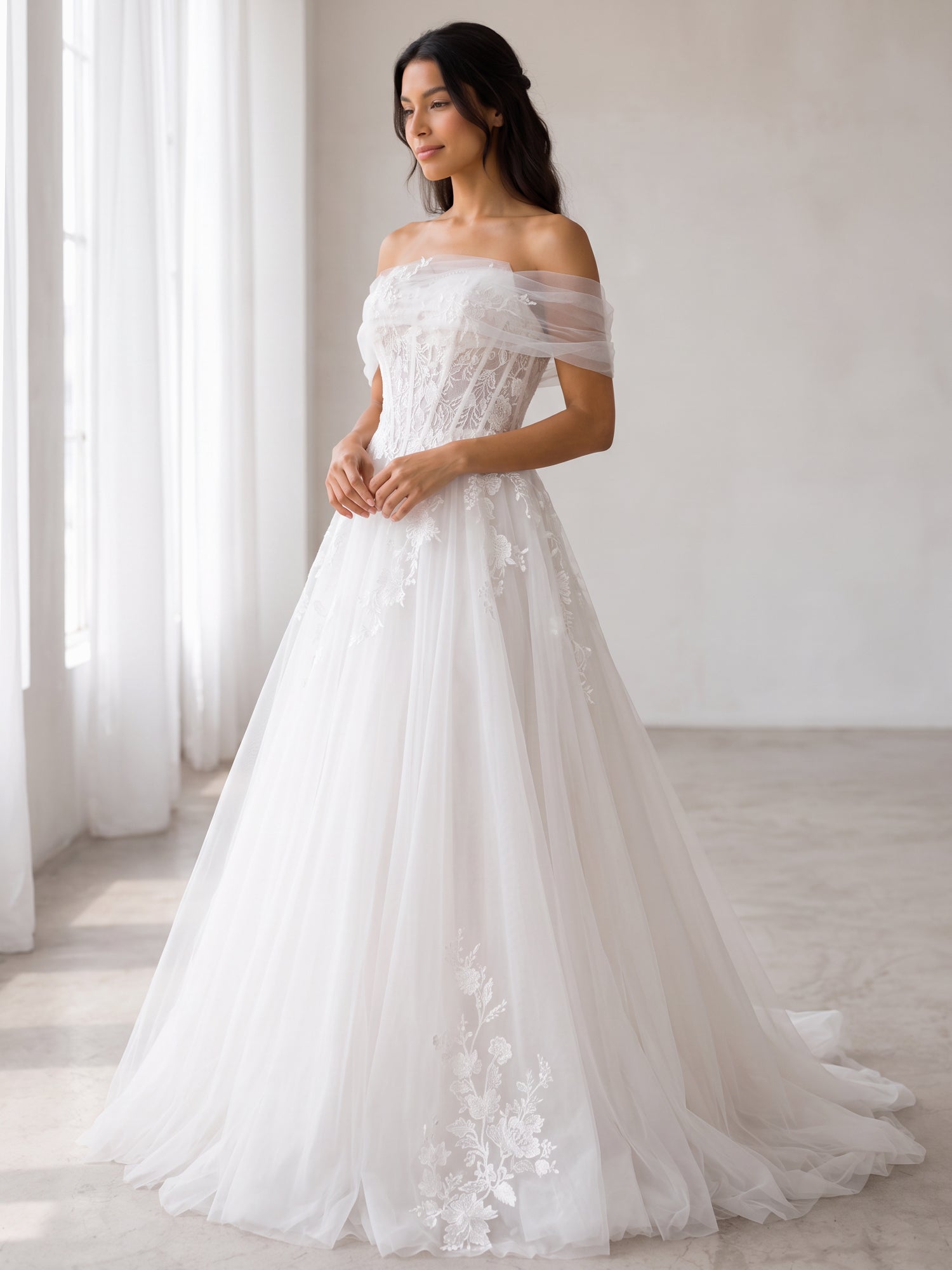 Elegant Off-the-Shoulder White Lace A-Line Wedding Dresses with Corset and Chapel Train