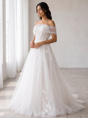 Elegant Off-the-Shoulder White Lace A-Line Wedding Dresses with Corset and Chapel Train