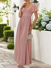Pink Lace-up Ruched Chiffon Square Neck Gallus Bell Sleeve A-Line Maxi Dress