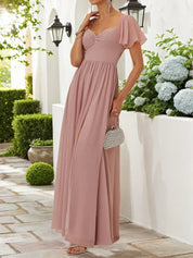 Pink Lace-up Ruched Chiffon Square Neck Gallus Bell Sleeve A-Line Maxi Dress