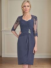 Sheath/Column Sweetheart Knee-Length Chiffon Mother of the Bride Dress With Beading Appliques Lace Sequins Pleated
