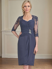 Sheath/Column Sweetheart Knee-Length Chiffon Mother of the Bride Dress With Beading Appliques Lace Sequins Pleated