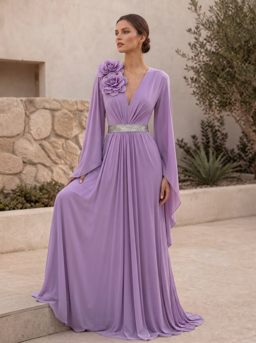 Plum V-Neck Rosette Accented Flowing Sleeve Floor-Length Gown Dress