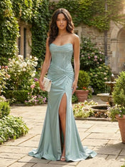 Lavender Strapless Satin Beaded Bodice Corset Prom Dress with Slit
