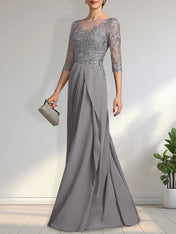 A-line Scoop Illusion Floor-Length Chiffon Lace Mother of the Bride Dress With Beading Sequins Cascading Ruffles