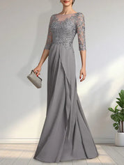 Robe de mère de la mariée trapèze en mousseline de soie et dentelle, longueur au sol, avec perles, paillettes et volants en cascade 