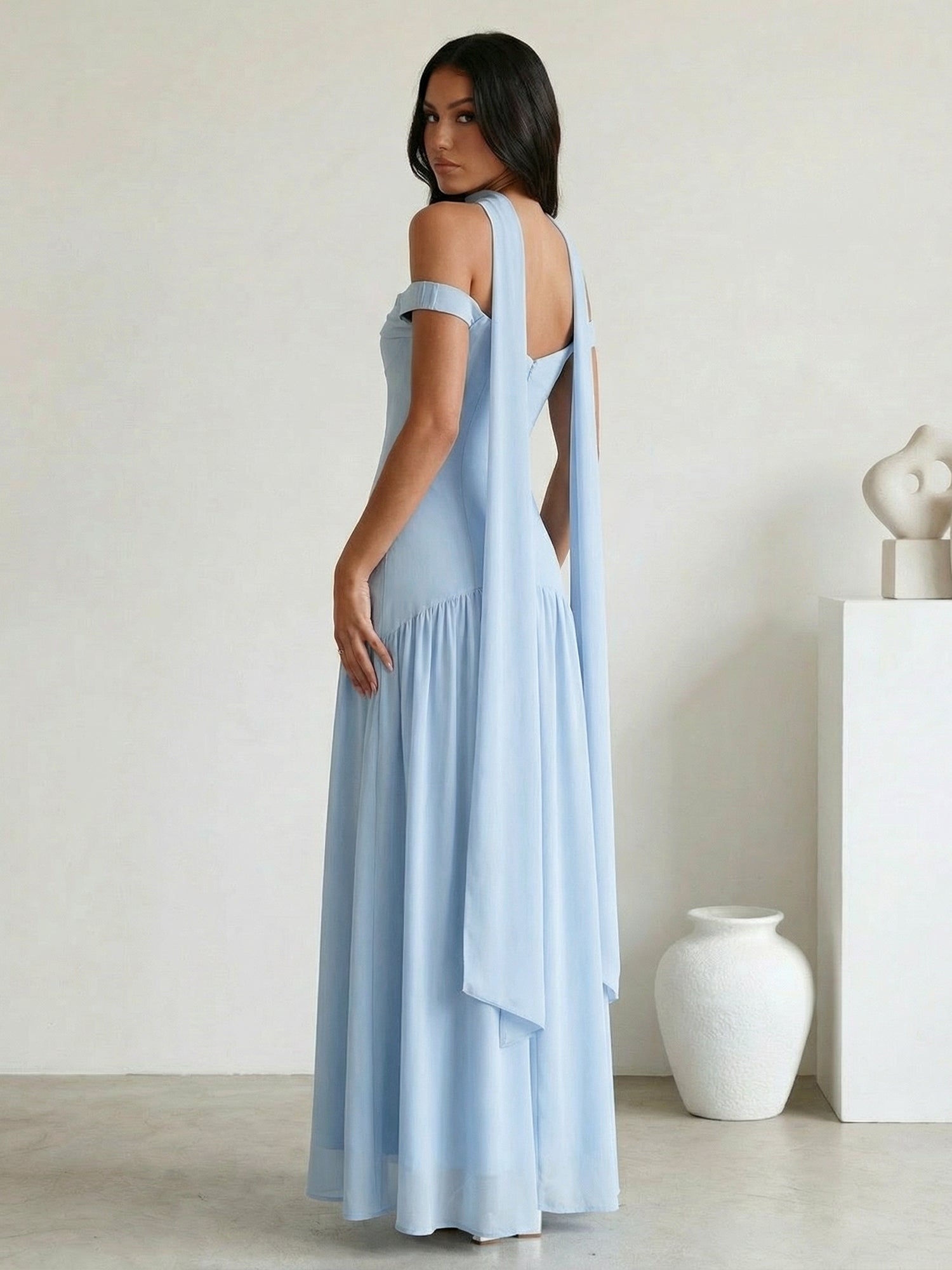 Light Blue Off the Shoulder A Line Maxi Dress with Pleat