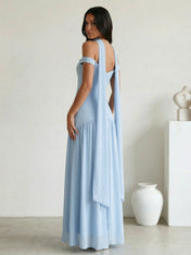 Light Blue Off the Shoulder A Line Maxi Dress with Pleat