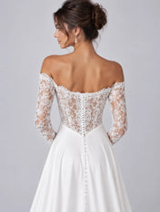 Elegant White Off-the-Shoulder Lace-Trimmed Slit Wedding Dress