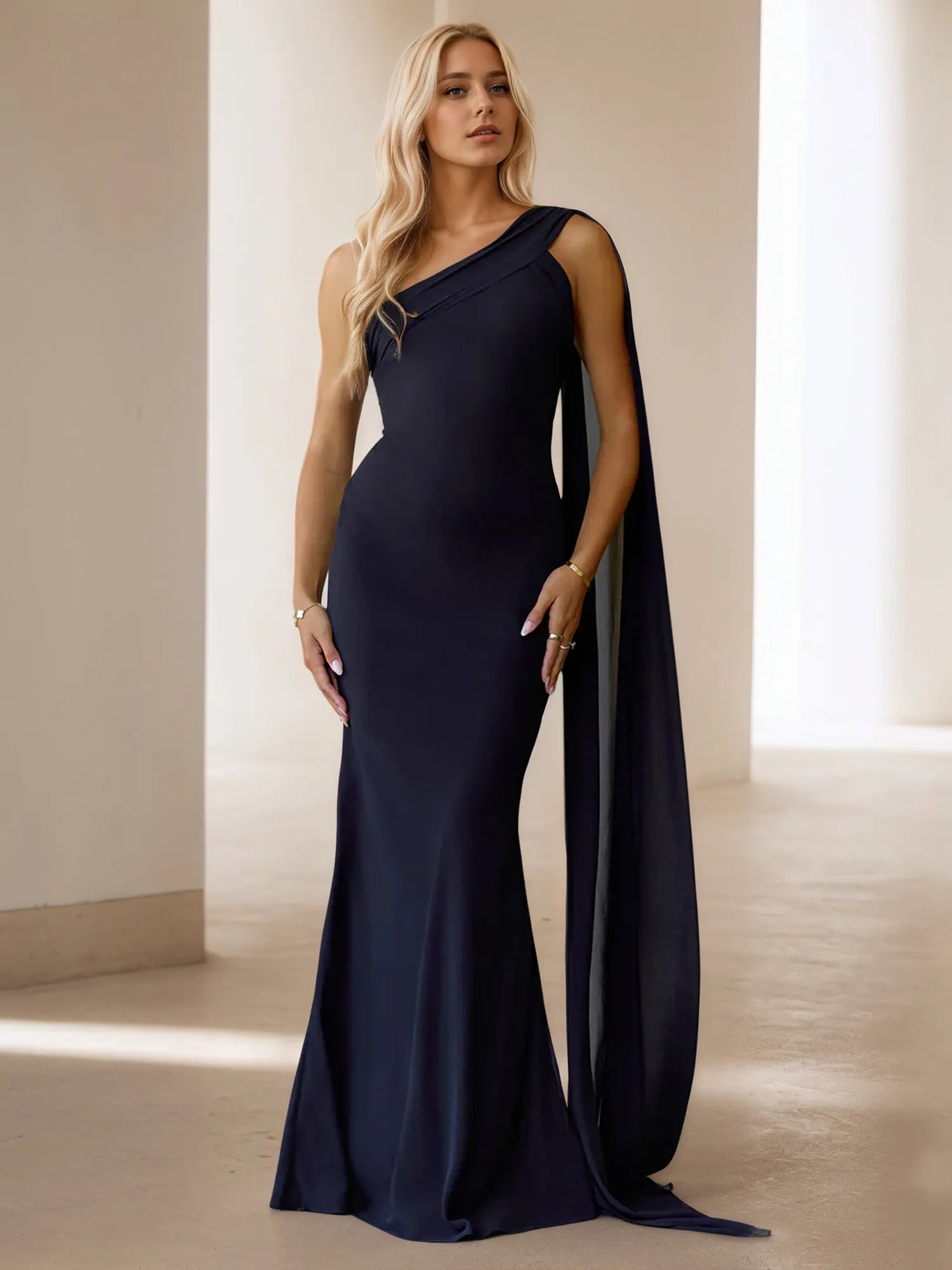 One-Shoulder Cape Detail Chiffon Mermaid Maxi Gown Formal Evening Dress