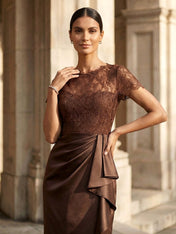 Chocolate Brown Lace Satin Maxi Dress Slit Evening Gown