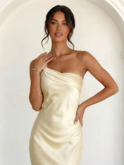 Champagne One Shoulder Mermaid Tea Length Maxi Dress for Women