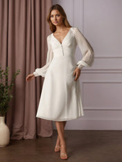 White A-Line V-Neck Lace Chiffon Pleated Wedding Dress