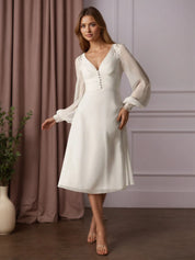 White A-Line V-Neck Lace Chiffon Pleated Wedding Dress