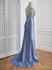 Blue Mermaid Spaghetti Straps V-Neck Rhinestone Long Prom Dress