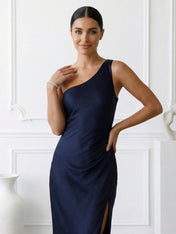 Navy Blue One Shoulder Mermaid Maxi Dress with Slit