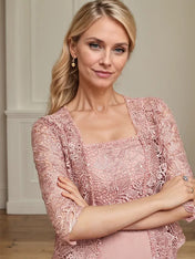 A-line Square Tea-Length Chiffon Lace Mother of the Bride Dress With Sequins Beading