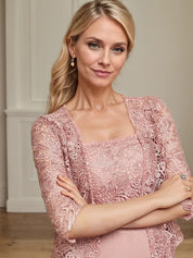 A-line Square Tea-Length Chiffon Lace Mother of the Bride Dress With Sequins Beading