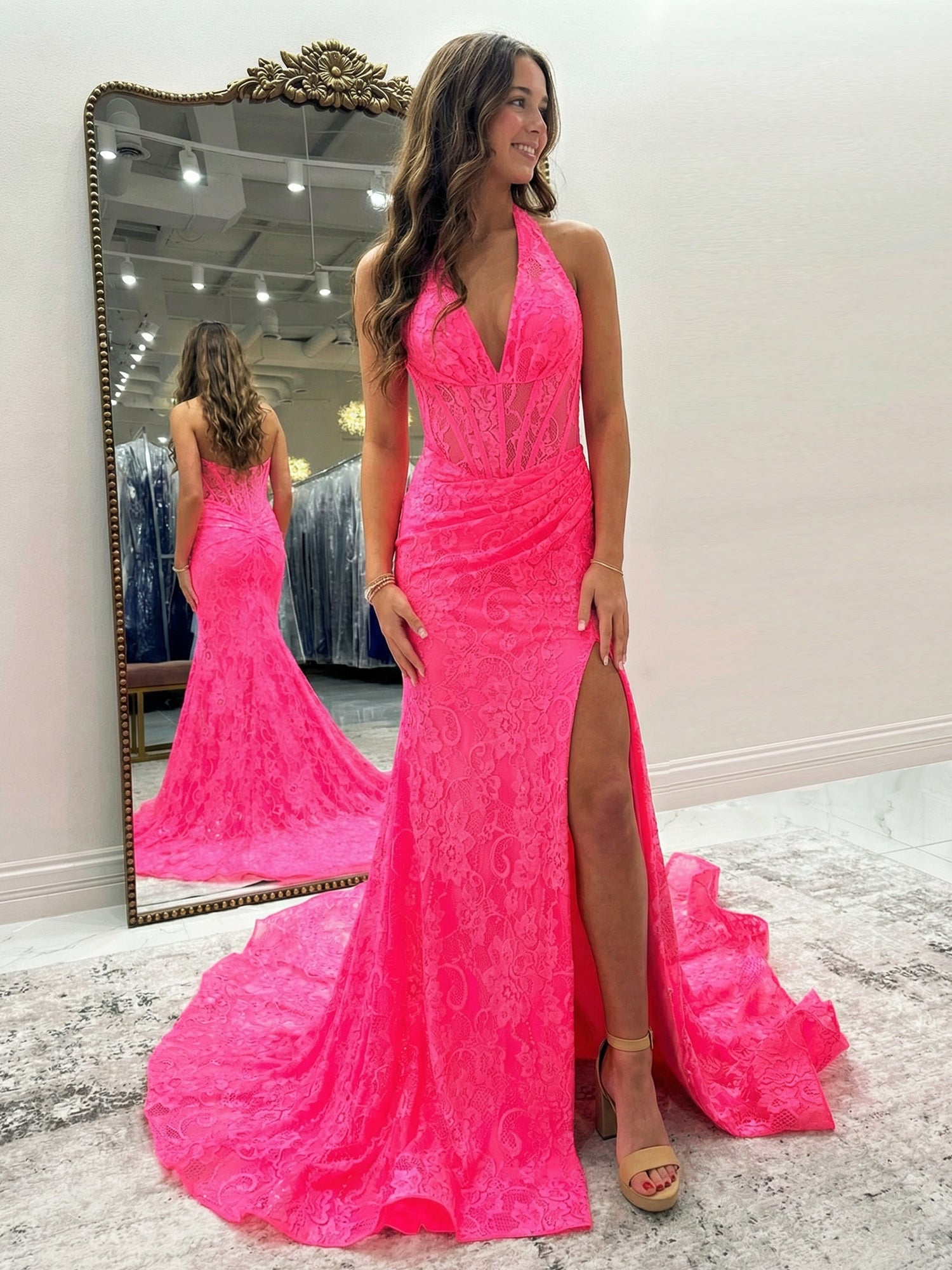 Black Mermaid Lace Halter Long Prom Dress with Slit
