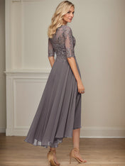 A-line Boat Neck Illusion Asymmetrical Chiffon Lace Mother of the Bride Dress With Sequins Beading