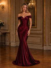 Burgundy Off-The-Shoulder Ruched Mermaid Floor-Length Gown Dress