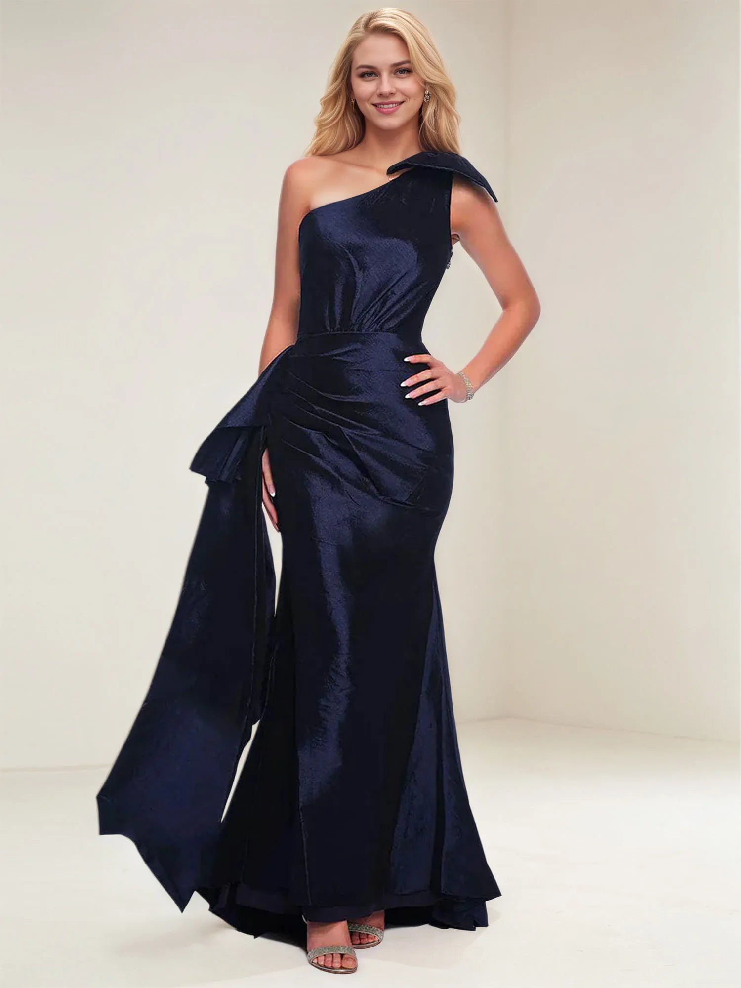 Sheath One Shoulder Sleeveless Bow Floor-Length Fitted Dress