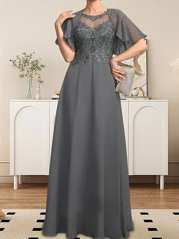 Robe de mère de la mariée trapèze en mousseline de soie et dentelle, longueur au sol, avec décolleté en V et paillettes 