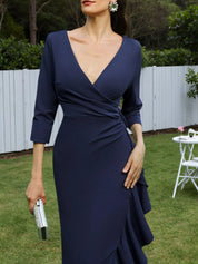 Mother of the Bride Dress Navy V Neck 3/4 Sleeve Ruffle Maxi Dress