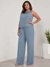 Chiffon Scoop Long Sleeves Mother Of The Bride Pantsuits With Jacket