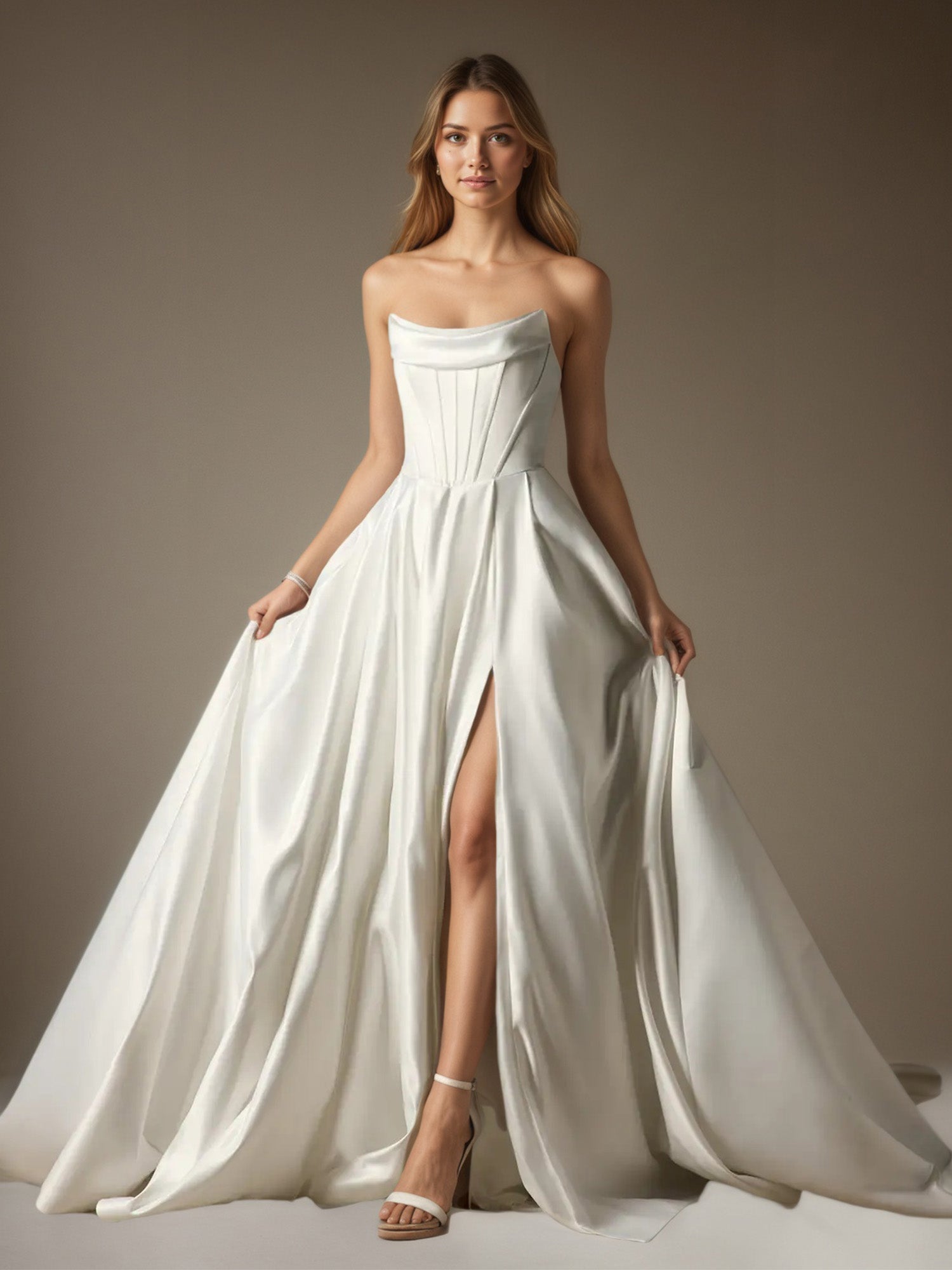 White A-Line Ball-Gown Strapless Satin Wedding Dress