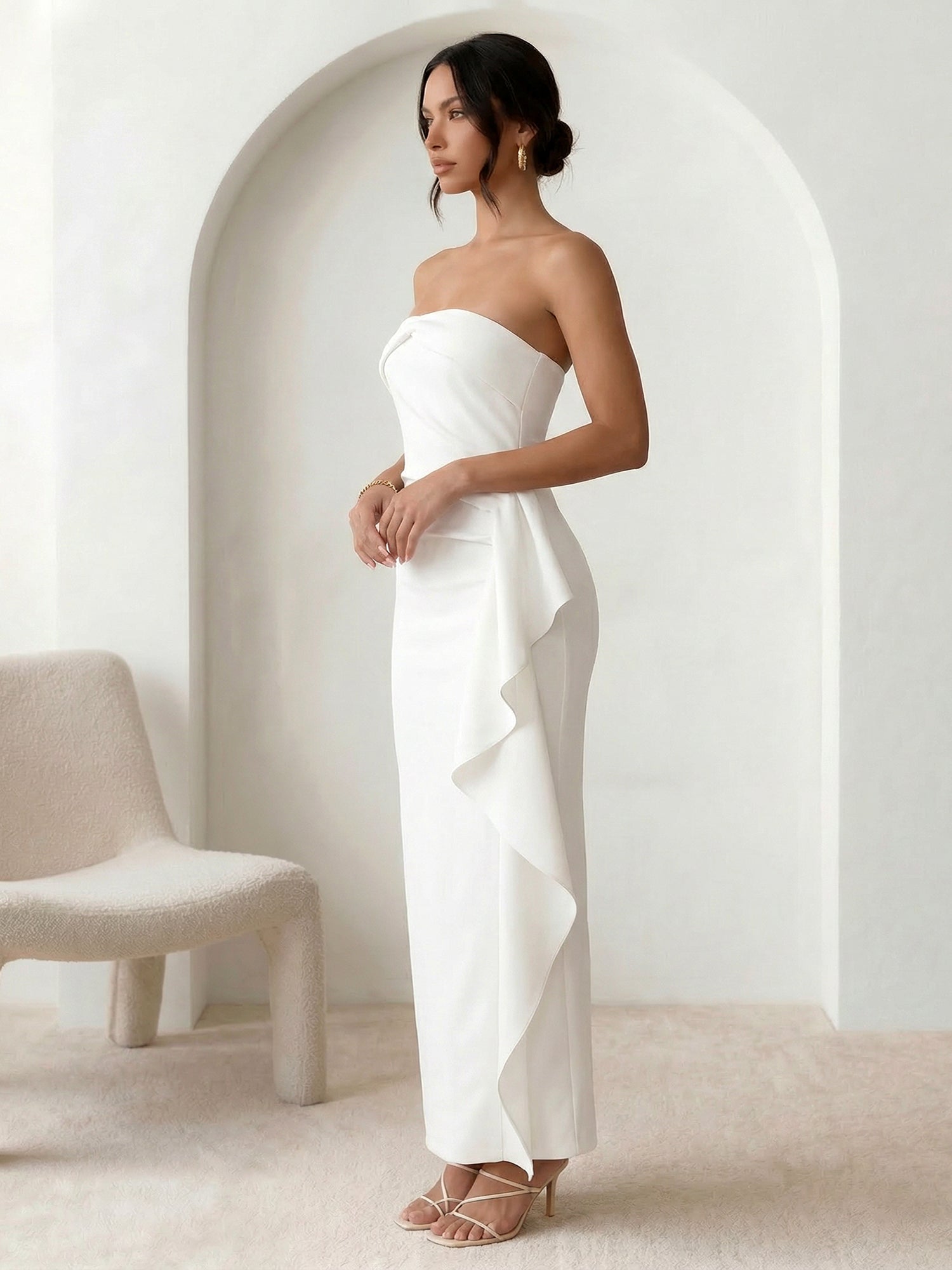 White Strapless Mermaid Chiffon Ankle Length Maxi Dress with Ruffle