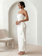 White Strapless Mermaid Chiffon Ankle Length Maxi Dress with Ruffle