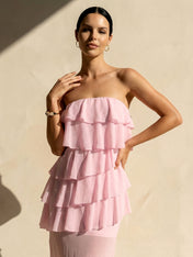 Pink Strapless Tiered Maxi Dresses for Women A Line Evening Dress