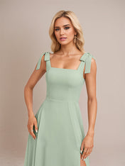 Sage A Line Chiffon Square Neck Floor Length Bridesmaid Dress With Bow
