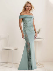 A-Line Off the Shoulder Floor-Length Mother of the Bride Dress Applique Beadings Mermaid Dress With  High Split