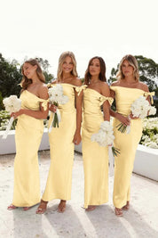 Off-Shoulder Sheath Pleated Satin Sky Blue Long Bridesmaid Dress