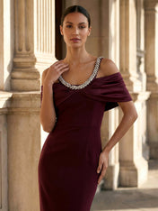 Burgundy Off the Shoulder Maxi Dresses with Beads Mermaid Evening Dress