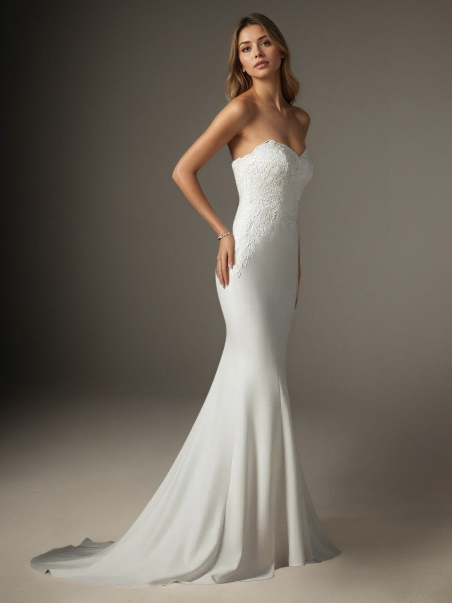 White Mermaid Sequins Stretch Crepe Wedding Dress