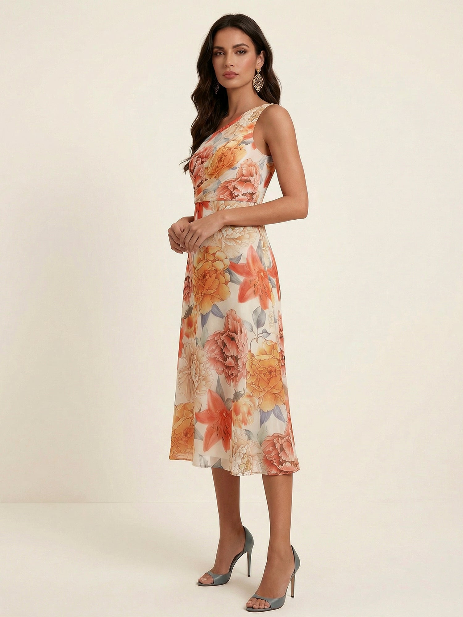 Elegant One-Shoulder Floral Print Ruched Tea-Length Evening Dresses