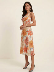 Elegant One-Shoulder Floral Print Ruched Tea-Length Evening Dresses