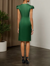 Green Petal Sleeve 3D Floral Satin Sheath Midi Dress