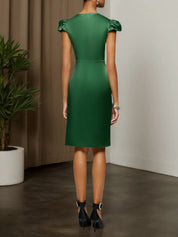 Green Petal Sleeve 3D Floral Satin Sheath Midi Dress