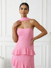 Hot Pink Strapless A Line Tiered Maxi Dresses with Scarf