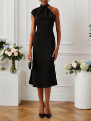 Black Knot Front Cold Shoulder Sleeveless Sheath Midi Dress