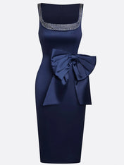 Purplish Blue Hotfix Embellished Bow Classic Crew Neck Sleeveless Sheath Midi Dress
