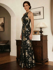 Trumpet/Mermaid Halter Neck Sleeveless Floor-Length Satin Mother of the Bride Dress With Gold Floral Jacquard