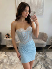 Light Blue Pearl-Embellished Ruched Corset Homecoming Dress